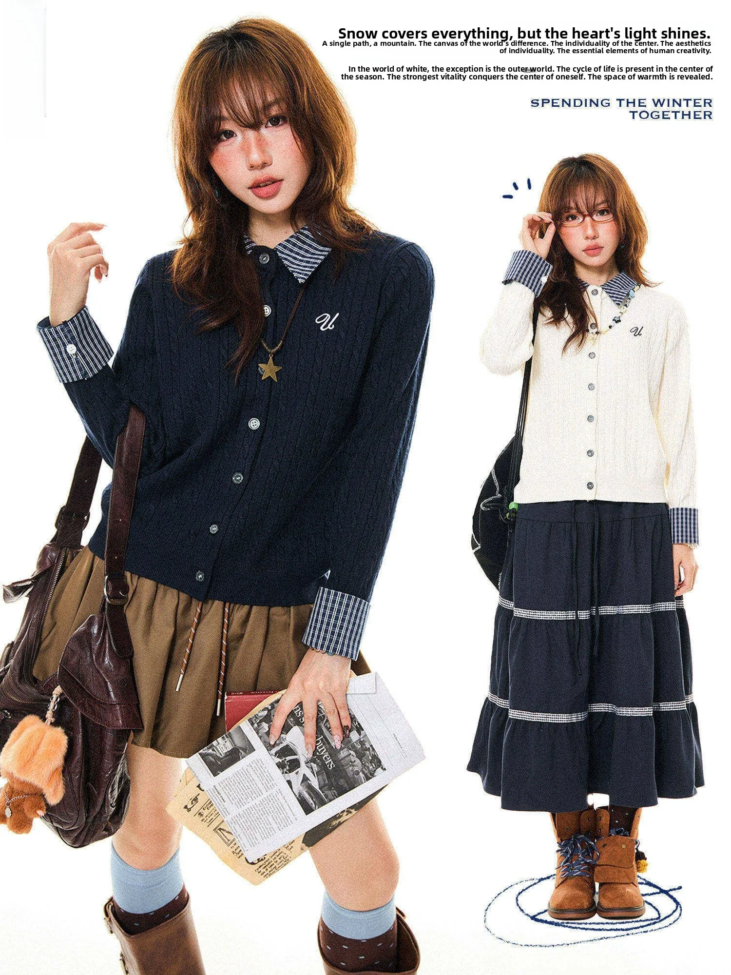 

Young Stage Plaid Patchwork Turn-down Collar Knitted Outerwear Women Spring College Sle Long Sve Base irt Soft Polyest...