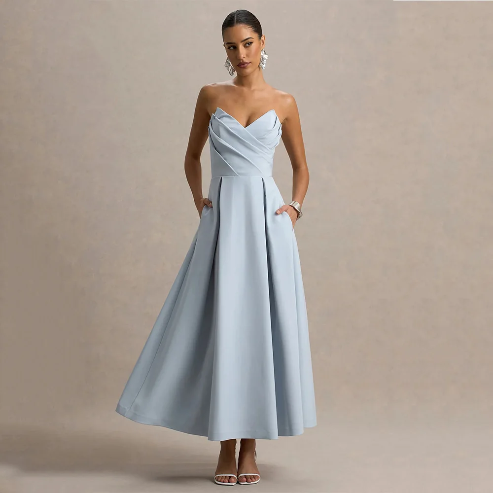 

DRESS FORU Simple Sky Blue Party Dress Jersey for Ankle-Length Scalloped Sweetheart Prom Party Vestidos De Fiesta Customized