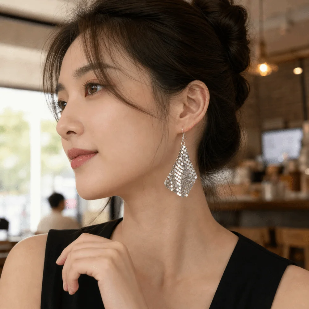 Exaggerated Geometry Metal Sequins Earrings Shine Mesh Rose Gold Glitter Tassel Earring Long Dangle Punk