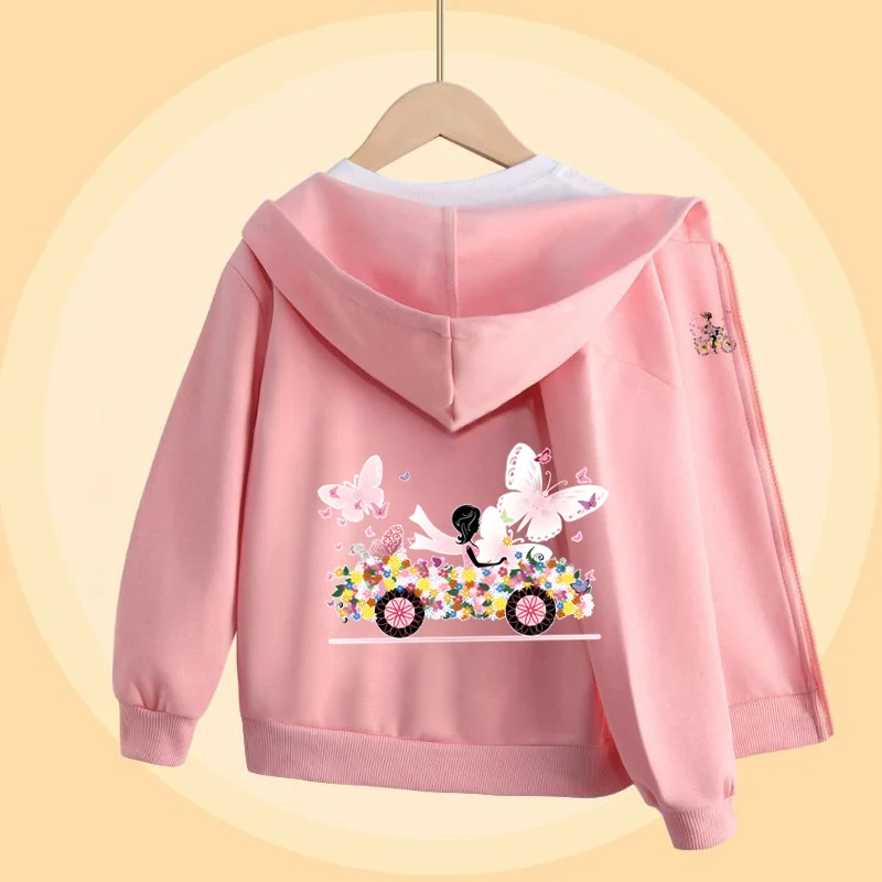 Butterfly Bike Cartoon Sweatshirt für Mädchen Herbst Langarm Mäntel Mädchen Baumwolle Hoodie mit Reißverschluss 5-14T – Detail 9
