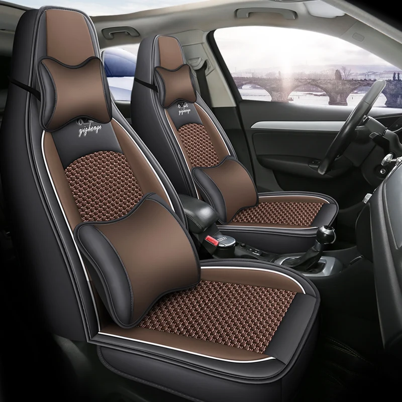 Front Row Double Seat, Luxurious Ice Silk Style Full-Cover Integrated Car Seat Cover, Universal, Comfortable, Breathable, Wear-Resistant, Suitable for All Seasons, Fits the Seat Well, with 3D Wing Support, Paired with Comfortable Headrest and Lumbar Support, Enhances Your Driving Experience, Storage Pocket Design, Convenient Storage, Available in 4 Colors, Car Seat Cushion, Suitable for Sedans, Suvs, Trucks and Other Models