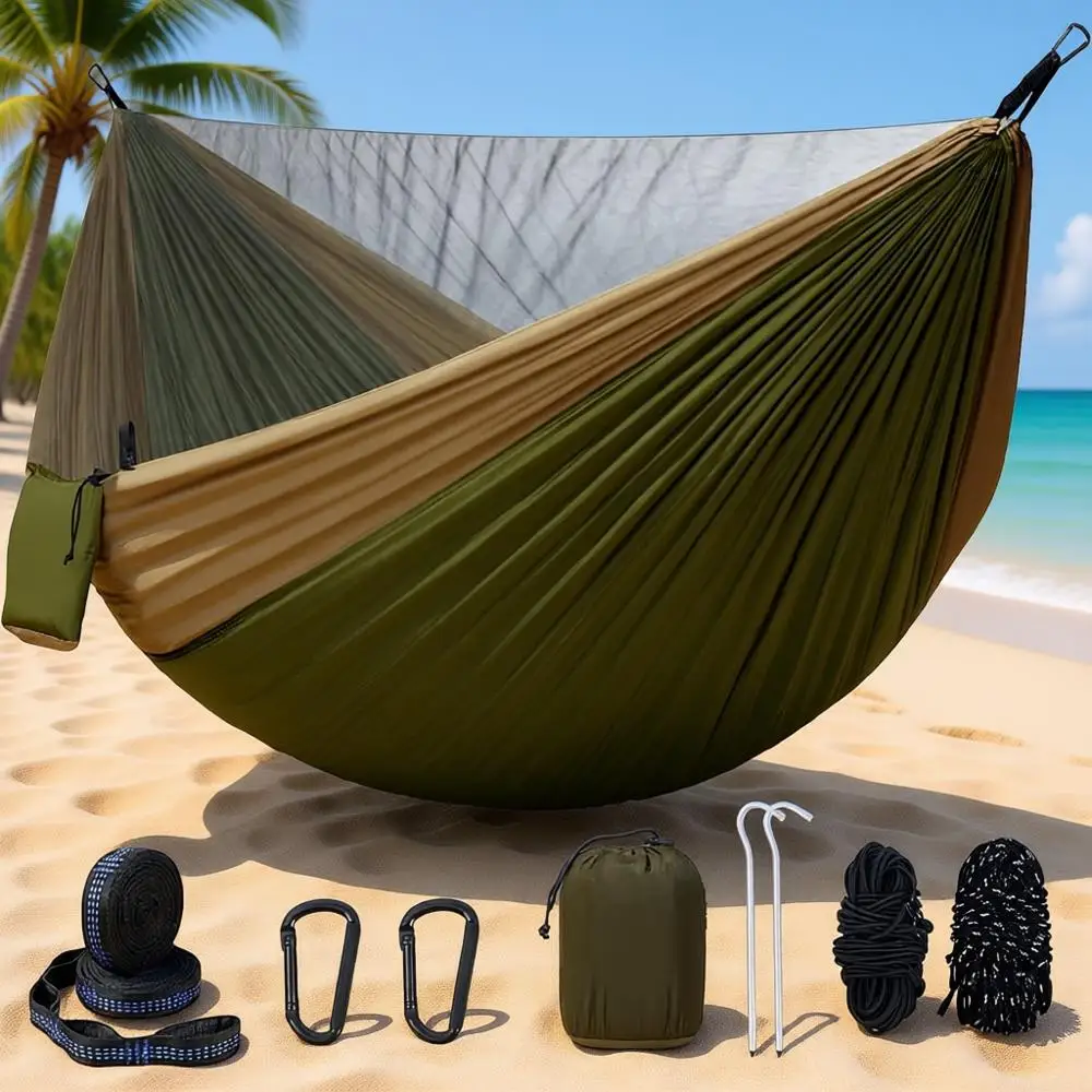 

Portable Lightweight Nylon Camping Hammock with Mosquito Net and Tree Straps - Ideal for Hiking, Beach, and Outdoor Adventures i