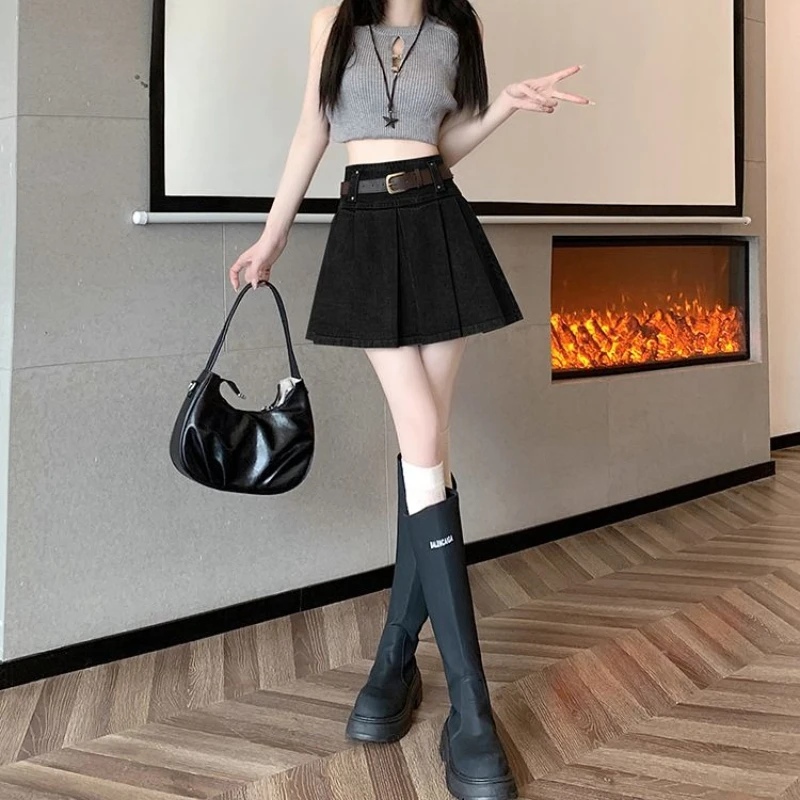 

Синяя винтажная джинсовая плиссированная мини-юбка А-силуэта для женщин, с завышенной талией, стройнящий дизайн, подходит для невысоких, весна-лето, новый стиль