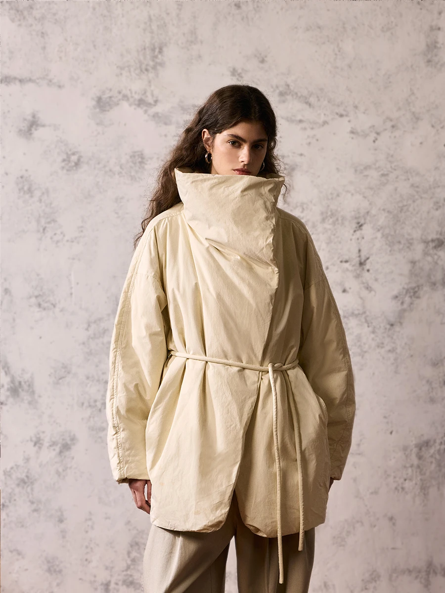 

AVANEHOOD High Collar Belted Texture Long Women's down Jaet mat Outerwear Cotton Fabric White Du down Filling