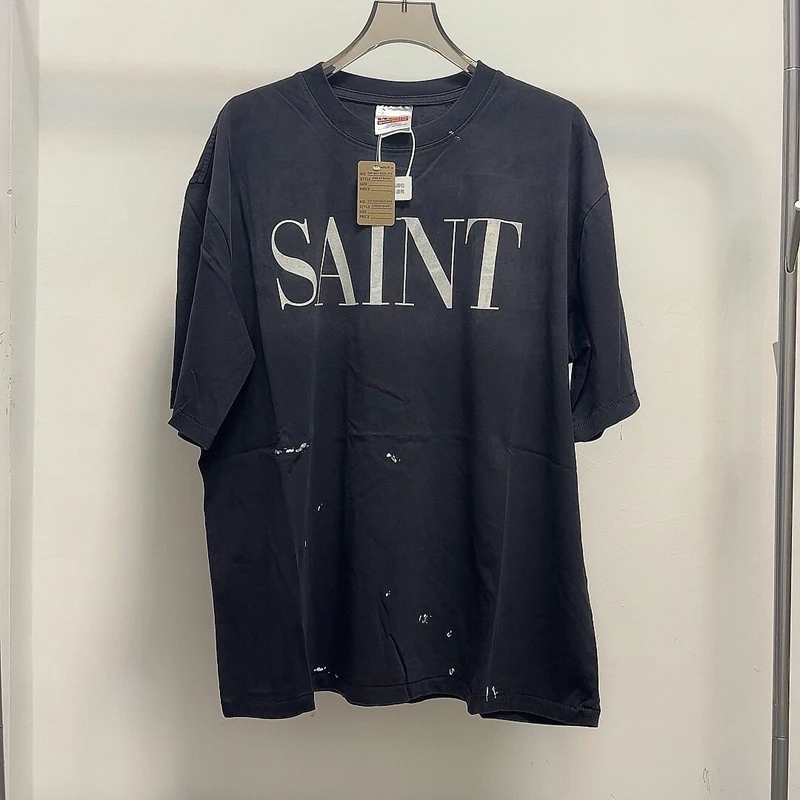 Summer Saint Tshirts Letter Print Vintage Distressed Washed Worn Ink Splatter Heavy Duty Loose Short Sleeve Men Women Streetwear