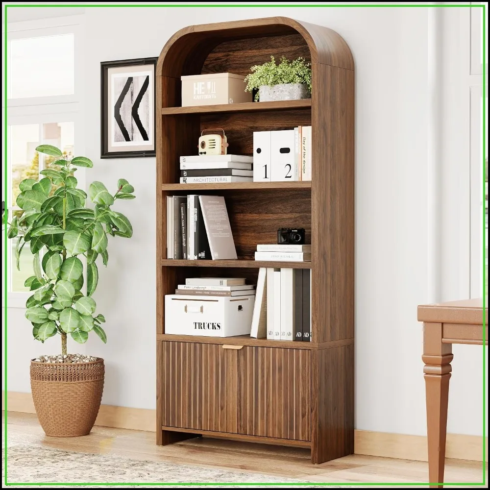 Librero Arqueado de 5 Niveles y 70 Pulgadas de Alto con Cajón, Mueble de Almacenamiento Independiente para Sala de Estar u Oficina en Casa, Color Nogal