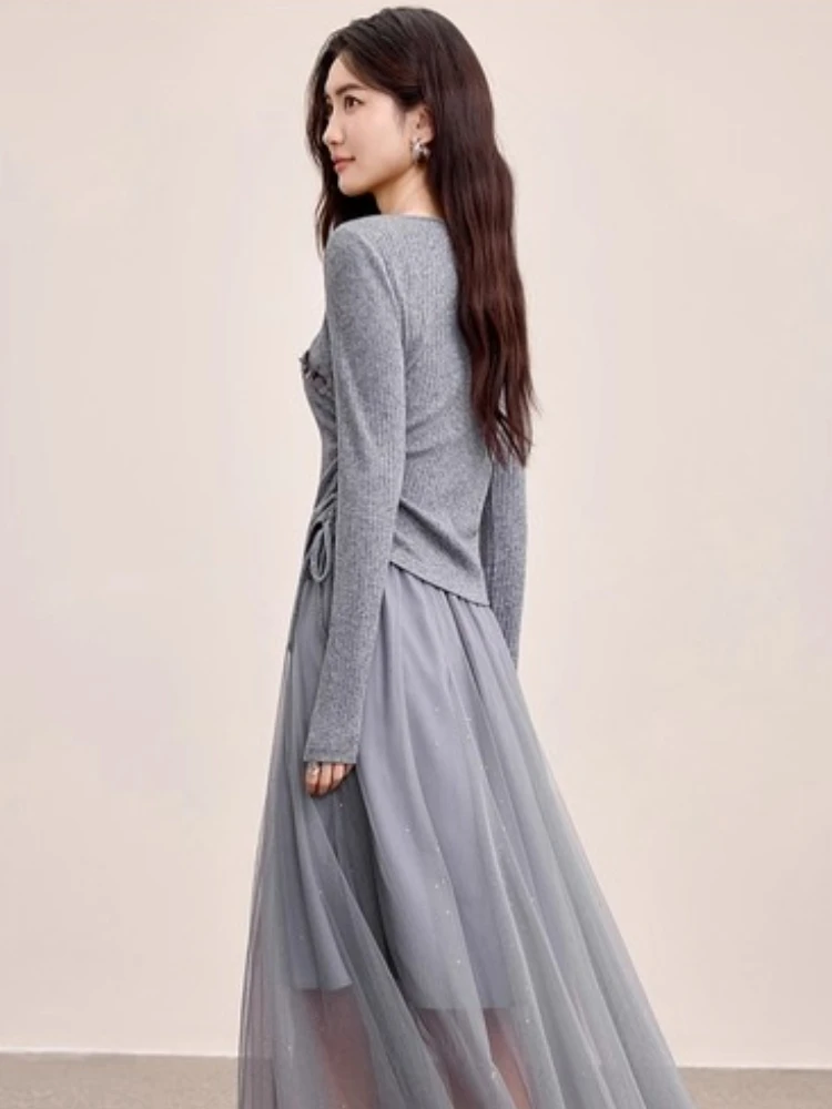 SENTUBILA Women's Sequin Sweater Skirt Set 2026 Autumn Irregular Collar Side Waist Pleated Silver Mesh Two-Piece Set Q53ZC3557