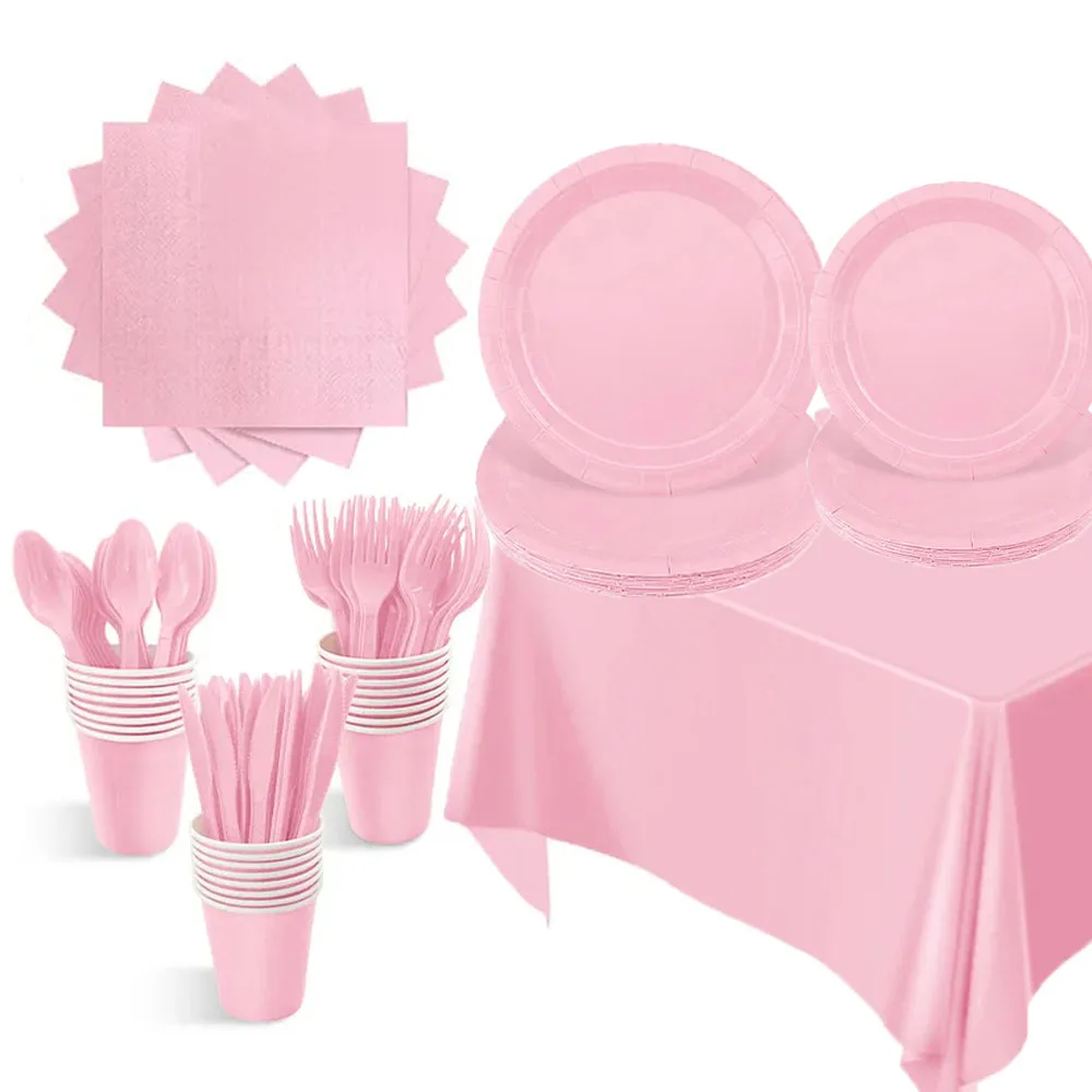 New Solid Color Party Decoration Set Light Pink Tableware Paper Cup Paper Plate Tablecloth For Kids Baby Shower Party Supplies