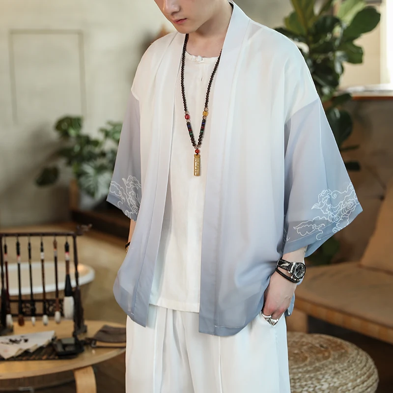 

Ice Silk Men's Summer Lightweight Open Cardigan Sun Protection Clothing Thin Sve Hanfu Sle Casual Loose Fit irt