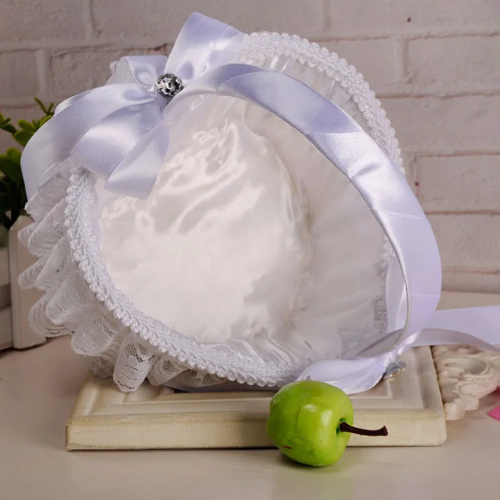 Bride Basket Lace Ribbon Wedding Bowknot Flower Girl Basket White Hl-5610-Bs Rose Petals Holder Matrimony Processions Ceremony