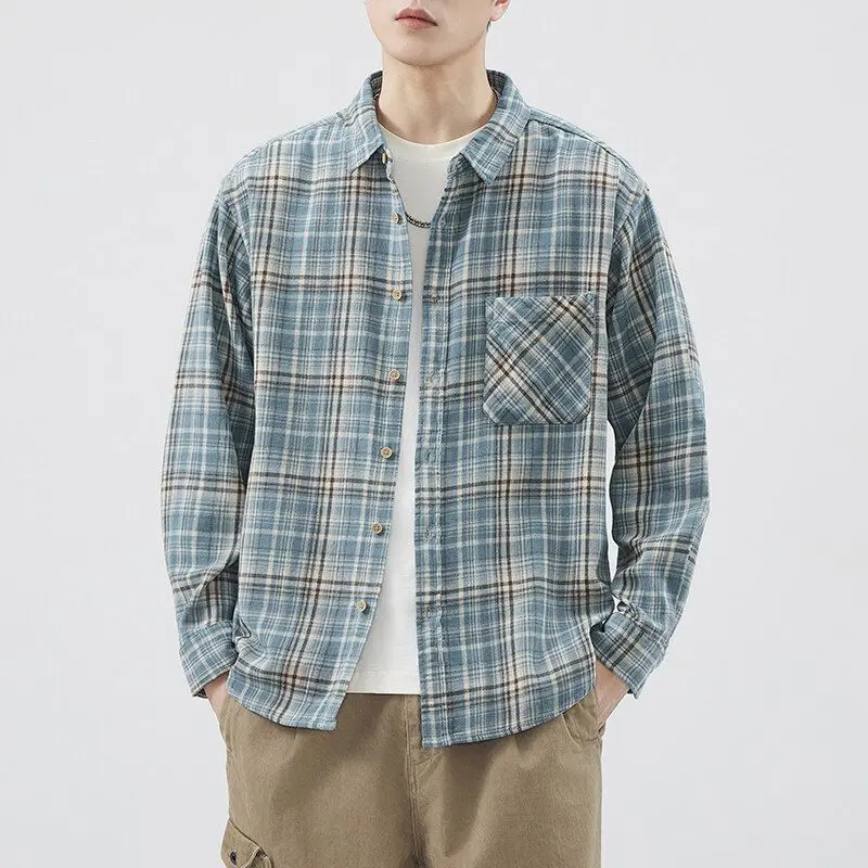 

Retro Hong Kong Style Men's Long Sleeve Shirt Loose American Casual Coat Plaid Pattern Youth Popular Standard Fit Polyester F...