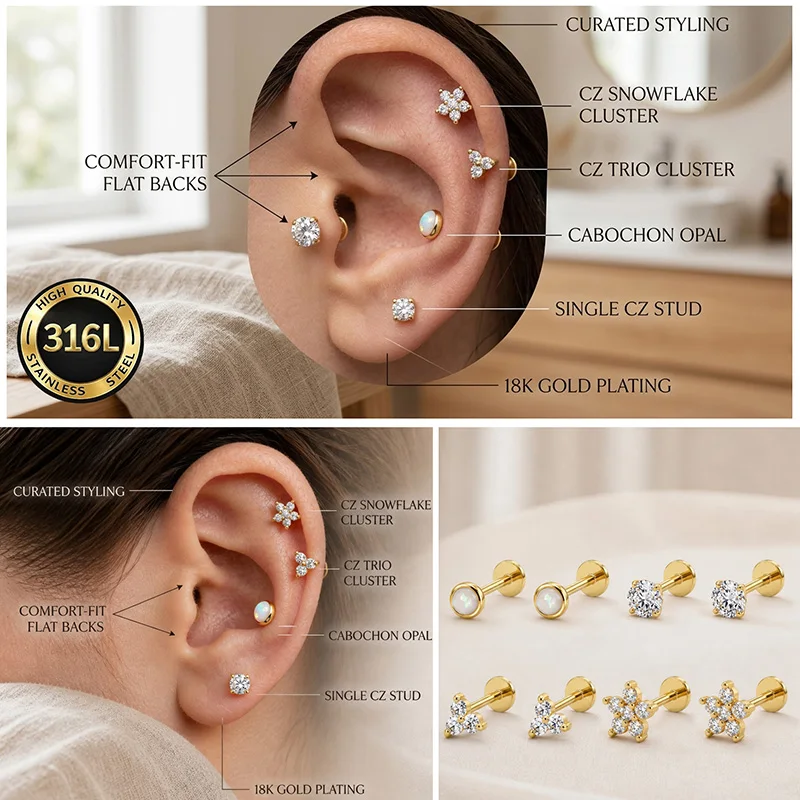 EVISPOL 18G Stainless Steel Threadless Put-in Labre Lip Stud Earrings for Women Hypoallergenic Flat Back Conch Piercing Jewelry