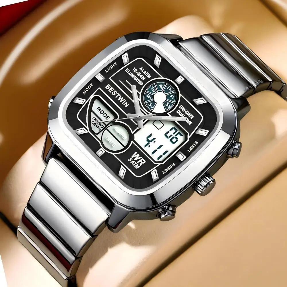 Men Multi Functional Watches Square Dual Display Electronic Watch Luminous Calendar Waterproof Male Wristwatch