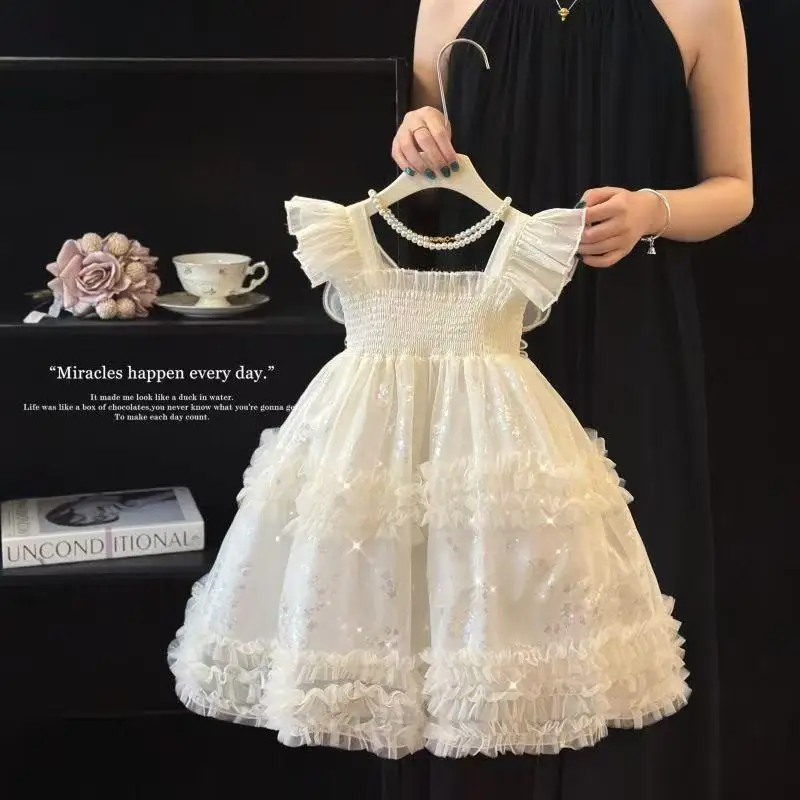 2026 Summer Girls Cami Dress Flutter Sleeve Sleeveless Tutu Gown Butterfly Layered Mesh Cake Skirt for 100-150cm
