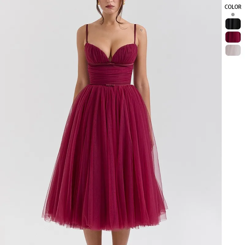 Elegant Wedding Guest Dress Spaghetti Strap Ruched Bodice Dresses Midi Tulle Skirt Evening Dress Backless Party Dress 2026