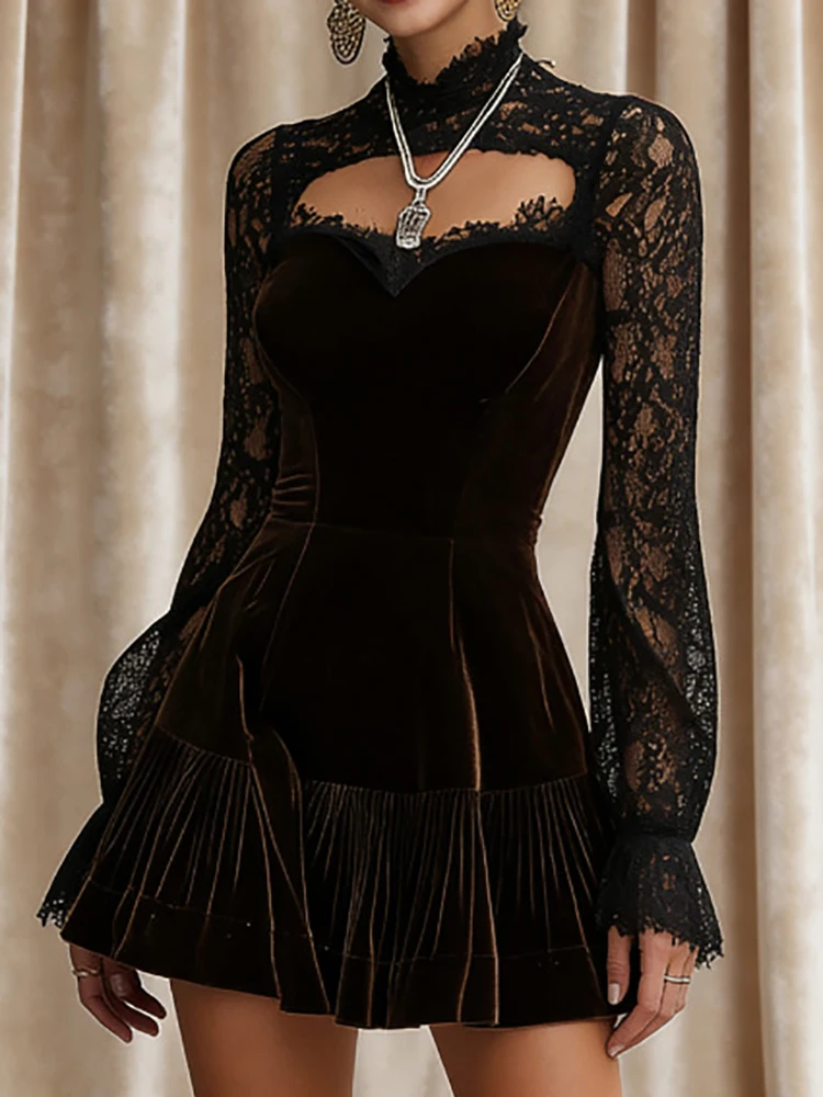 Langarm Spitze Patchwork Samt Kleid Frauen Frühling Herbst Sexy Aushöhlen Mini Party Kleid 2026 Elegante Mode Damen Kleider