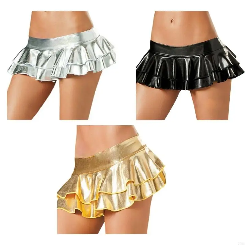 77HE Novelty Metallic Pleated Mini Skirt Women Leather Short Skirt Double Layered Ruffle Skater Skirt Raves Party Clubwear