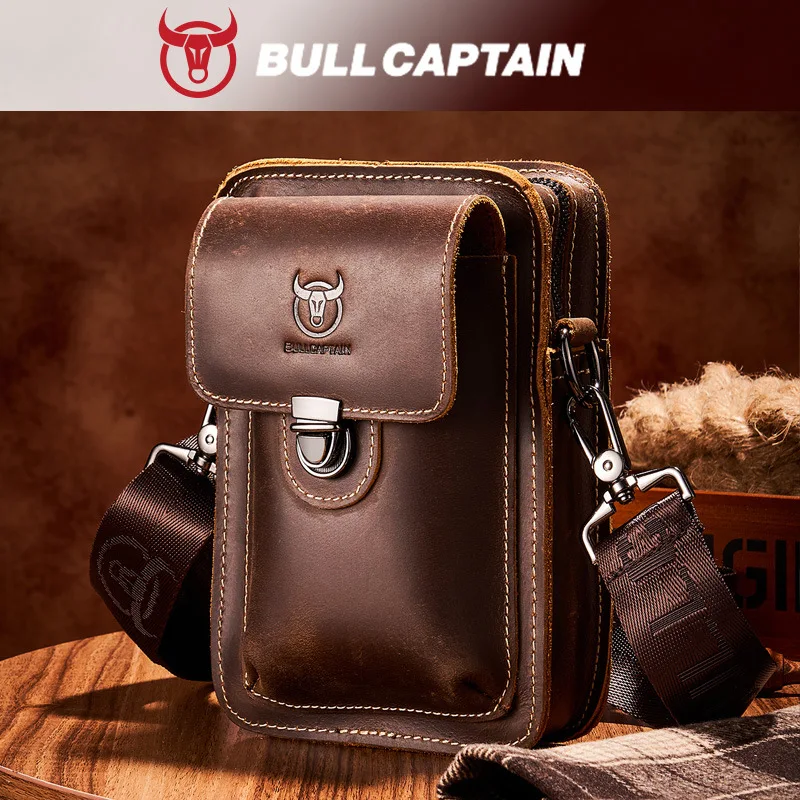 

Crazy Horse Leather Men's genuine Leather Casual Belt waist bag shoulder slung mobile phone bag