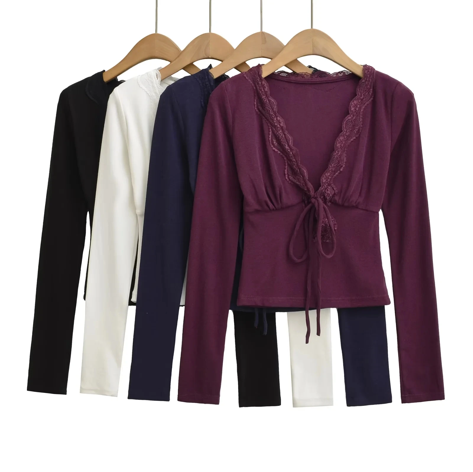 

Sexy Pure Desire Lace Trim V-ne T-irt Women's Long Sve Belted Slimming Waist Top Summer Autumn Faion Ladies' Tee