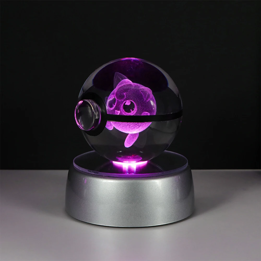 Pokemon 3D Kristallkugel Pikachu Figur Pokeball Gravur Kristall Glurak Modell mit LED-Lichtbasis Spielzeug Anime Weihnachtsgeschenk