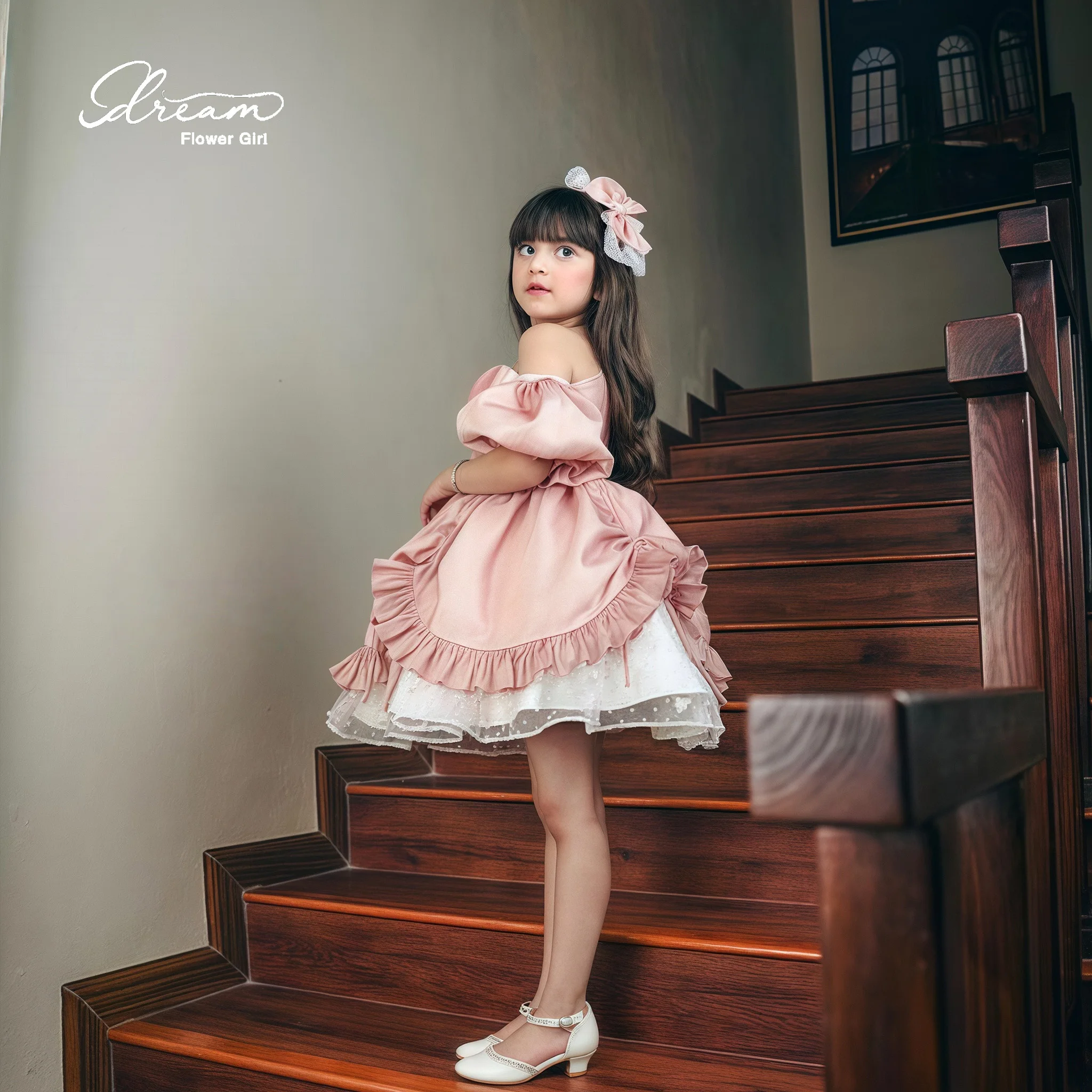 Girls' pink off-the-shoulder strapless puffy knee-length formal party dress with white polka-dot lining
