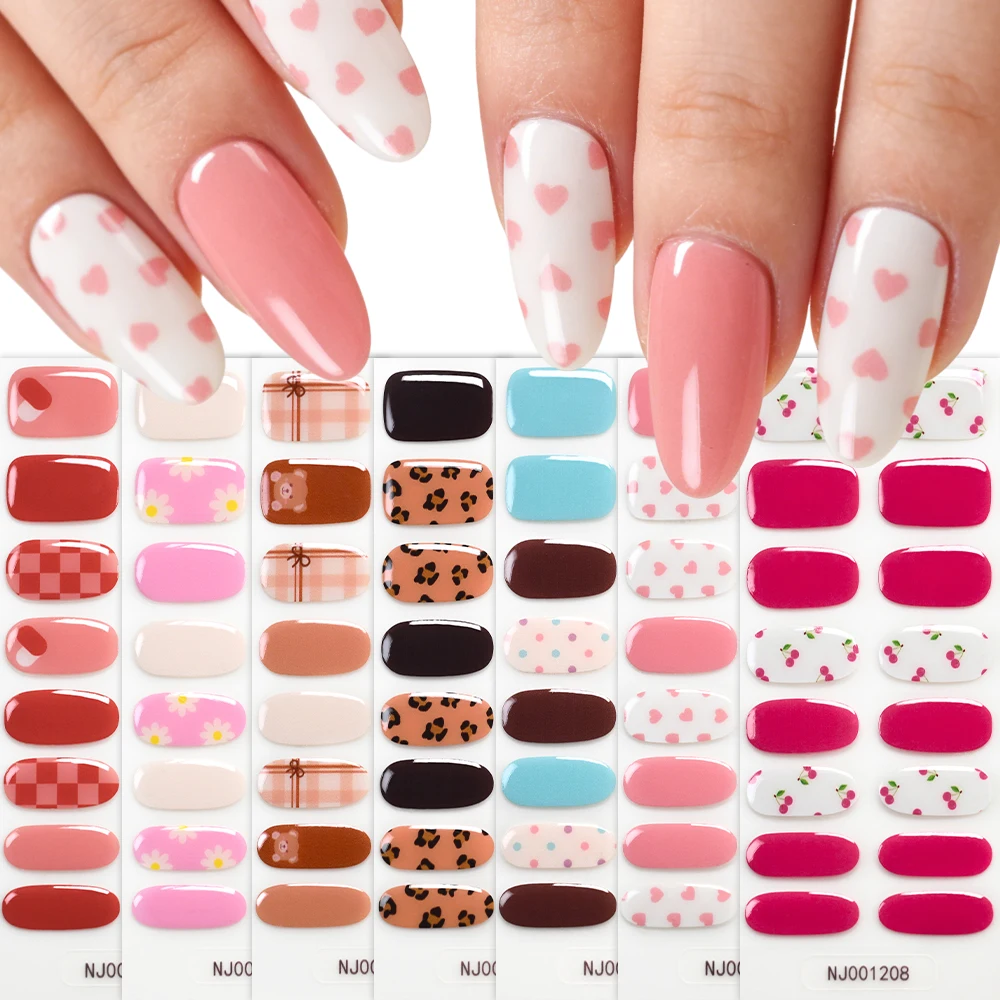 16Tips 3D Cherry Heart Design Semi Cured Gel Nail Sticker Daisy/Dot/Leopard print Full Wrap Nail Decals Gel Nail Polish Strips