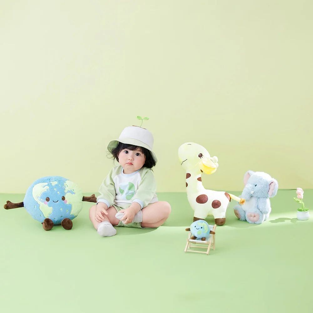Baby 1st Birthday Photo Props Set Green Nature Theme Toddler Photo Costume Cute Cartoon Earth+animal Doll for Milestone Shooting