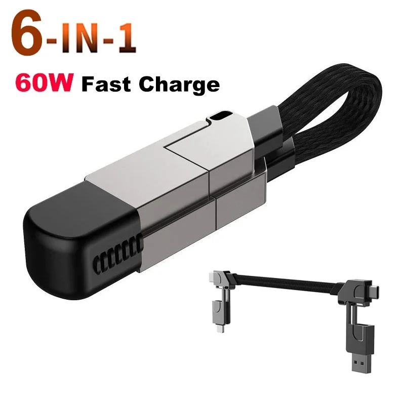 6 In 1 Multi Fast Charging Cable Keychain Pd for Apple Iphone Lightning Andriod Type-C 60W Qc 18W Fast Charging Data Cable