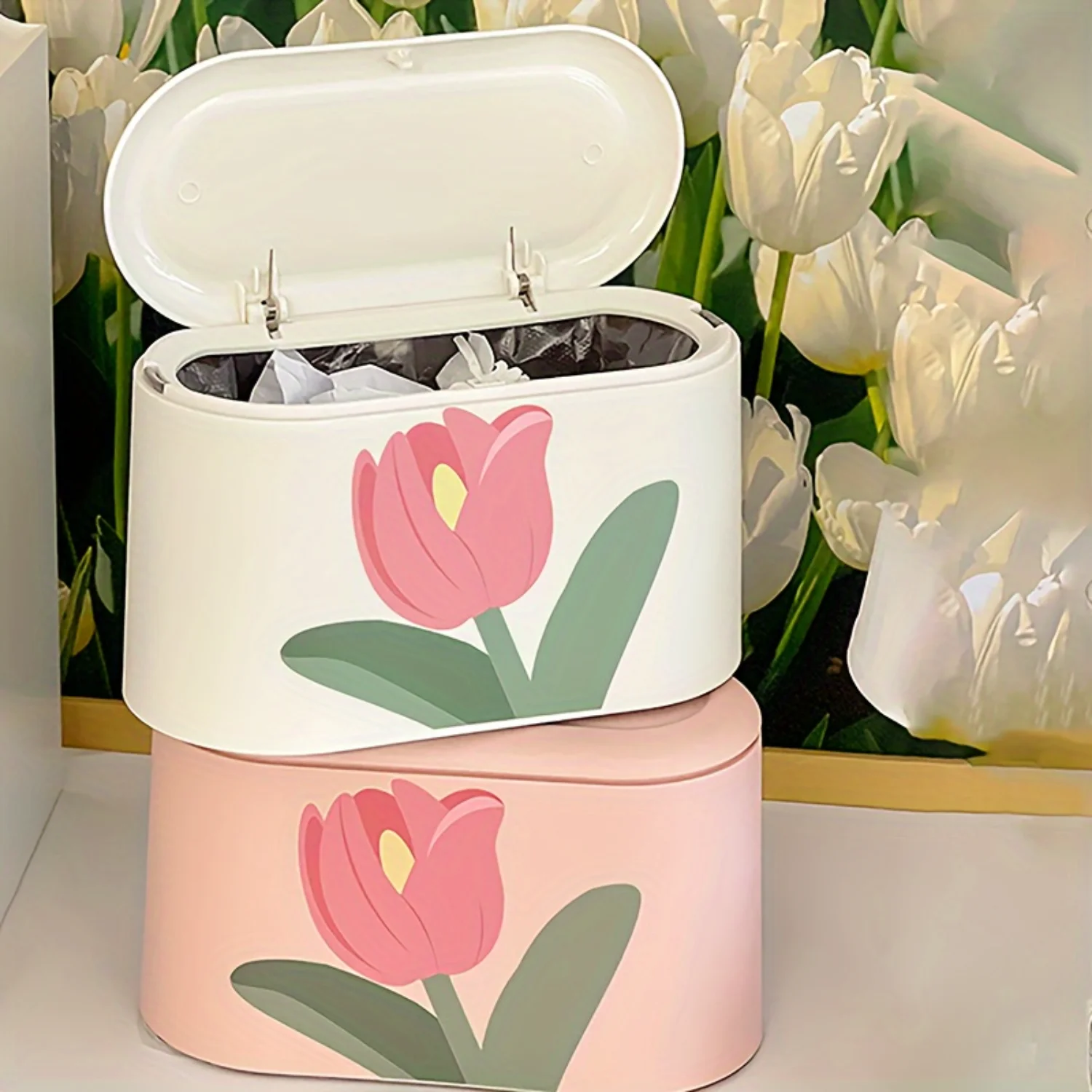 Tulip Design Desktop Mini Trash Can, Compact Office Bin, Recycling Container For Desk And Drawer Organization, Office , Bathroom