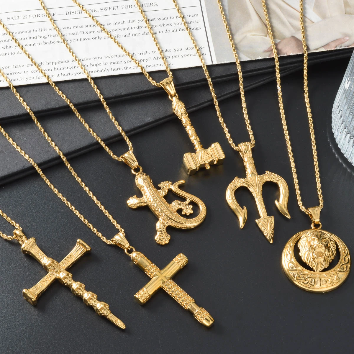 Men Gold Plated Pendant Necklace Vintage Twist Rope Chain Hip Hop Punk Religious Cross Trident Lion Hammer Lizard Charm Necklace