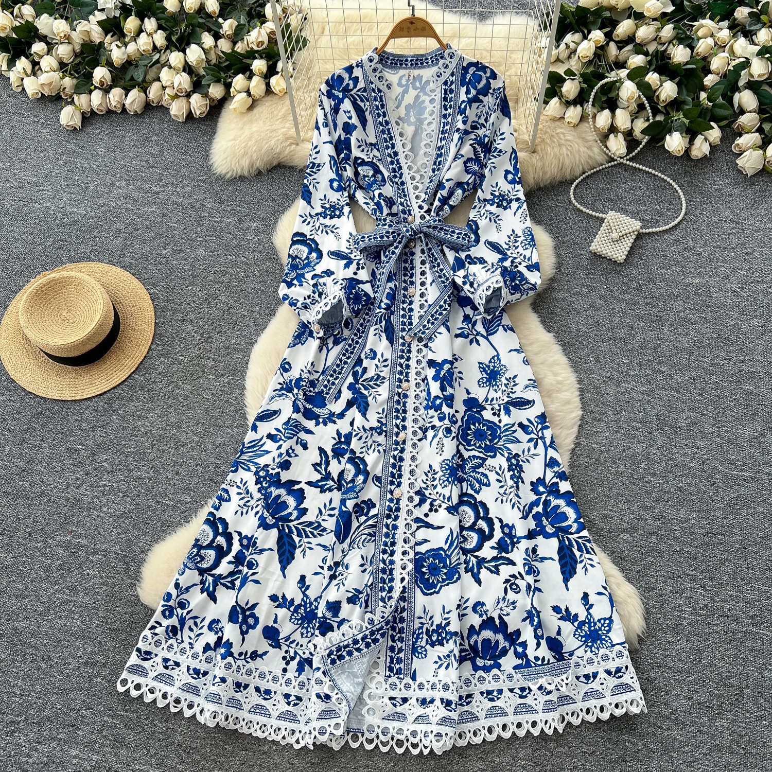 Chic vintage Sexy manica lunga stampa Criss-Cross split slim Elegante Fata moda coreana Boho Vestito estivo abbigliamento donna Abito lungo