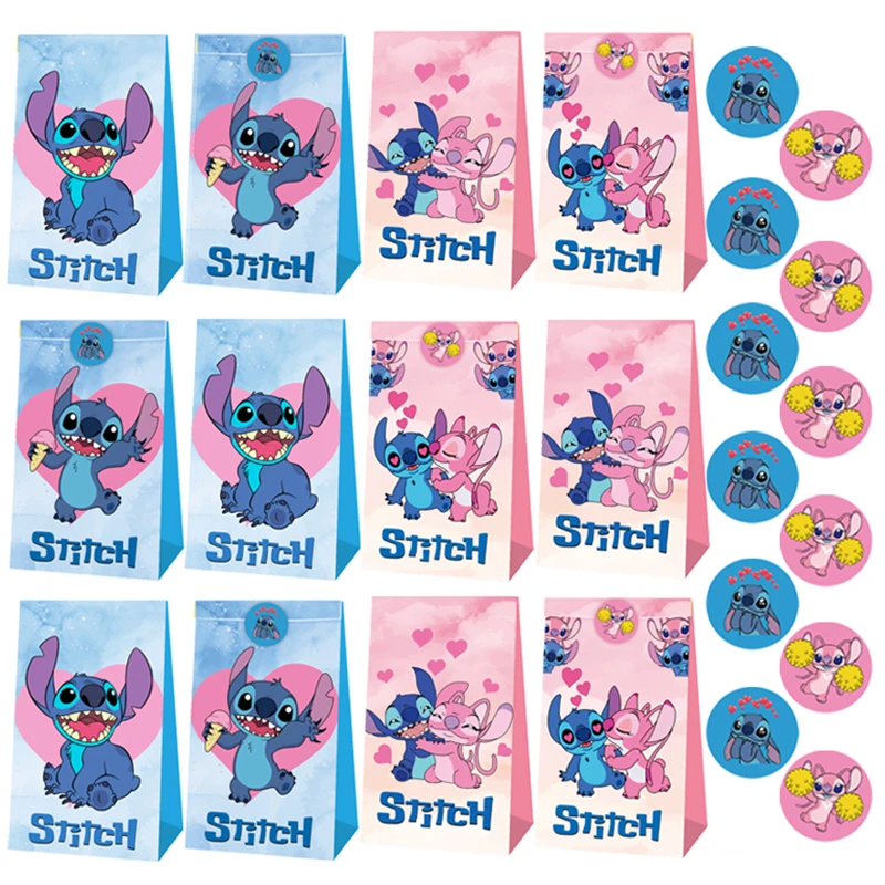 

12Sets Lilo Stitch Paper Bags With Stickers Pink/Blue Gift Bag With Sealing Labels Baby Shower Kids Birth Candy Bag Party Supply