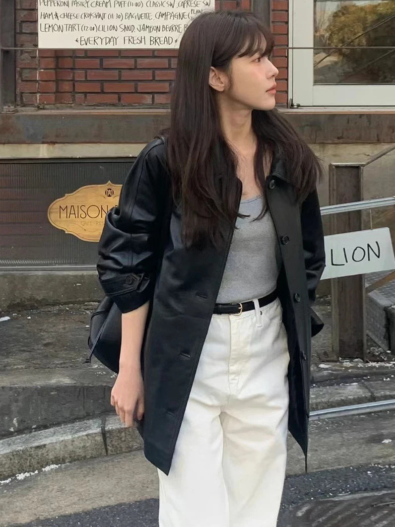 봄 신상 루즈핏 블랙 PU 가죽 자켓 여성용 탑 빈티지 칼라 디자인 스트리트 스타일 코트 롱 슬리브 코트