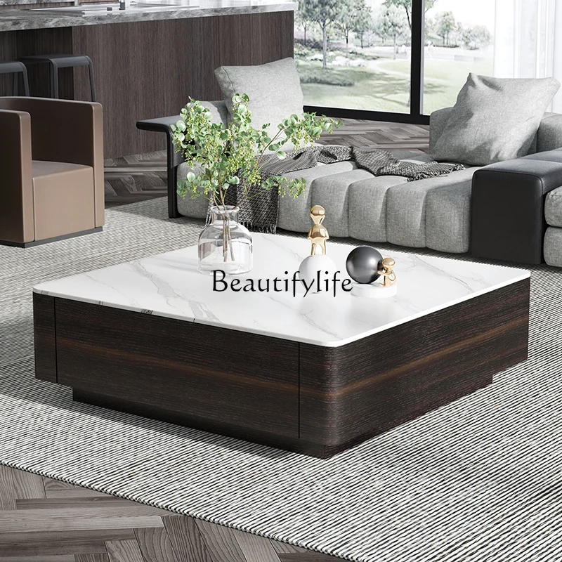 Simple Italian Style Light Luxury Nordic Stone Plate Smoked Wood Rectangular Coffee Table Tea Table Living Room Furniture