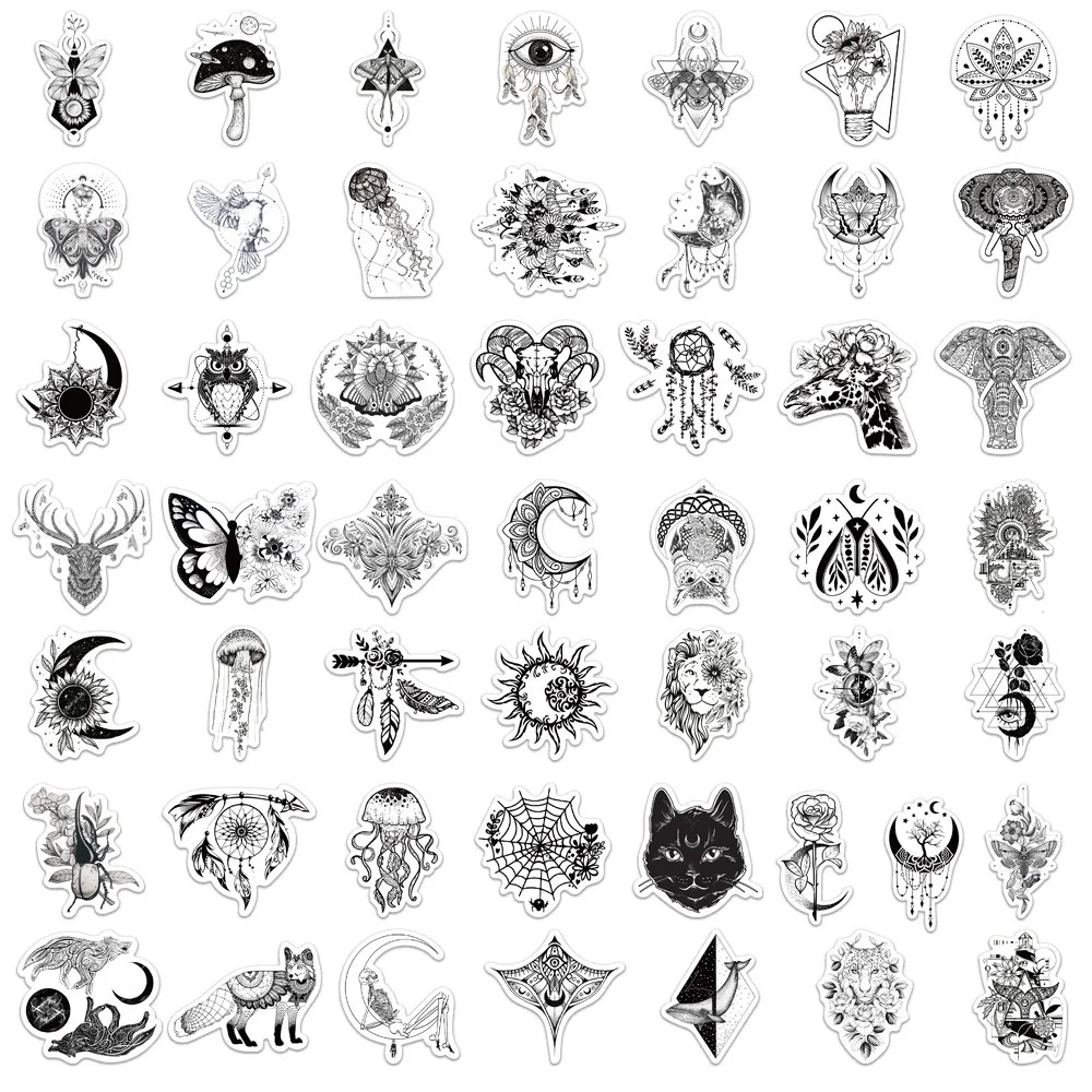 Gothic Art Stickers for Stationery and Laptop, Aesthetic Craft Supplies, Vintage Scrapbooking Material, Black and White, 50PCs