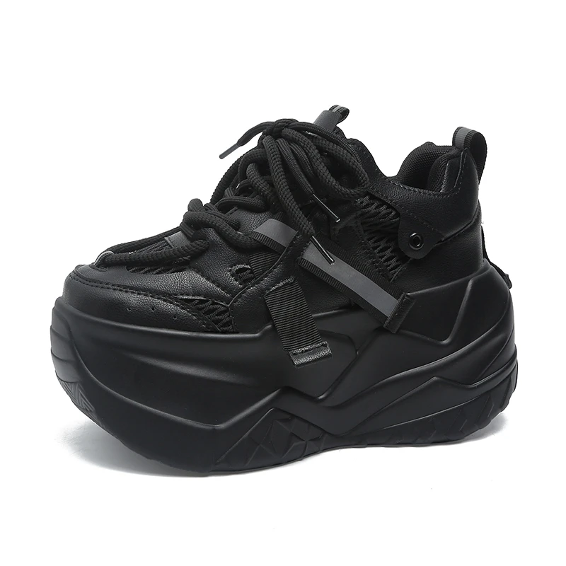 

Женская повседневная спортивная обувь 8,5 см, кроссовки на высокой платформе и каблуке, обувь на танкетке, увеличивающая рост, кожаные белые удобные кроссовки на массивном каблуке