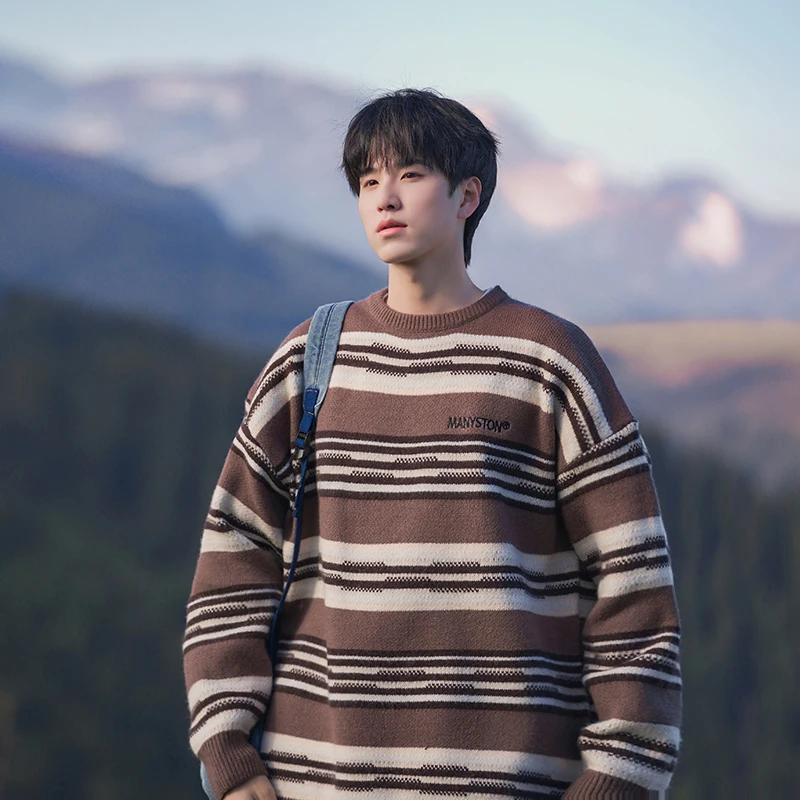 

Мужской весенне-осенний полосатый свитер свободного кроя с круглым вырезом, вязаный, теплый, повседневный, утолщенный, с длинным рукавом
