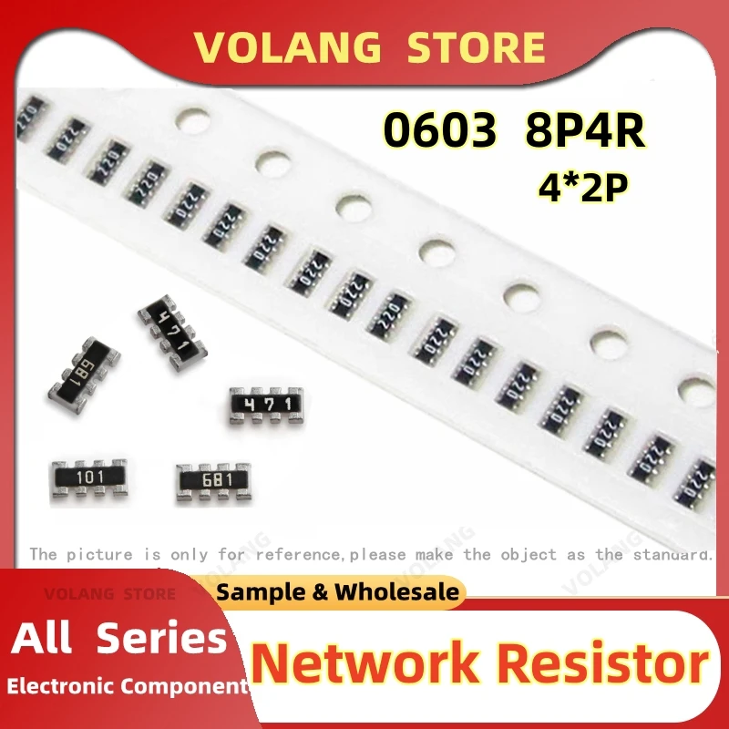 100Pcs 0603*4 8P4R SMD Network Resistor Array 0R~1M 1R 2*4P 10 22ohm 27 51 120R 220 330 820 1K 2K4.7K 10K 22K 47K 100K 220K 470K