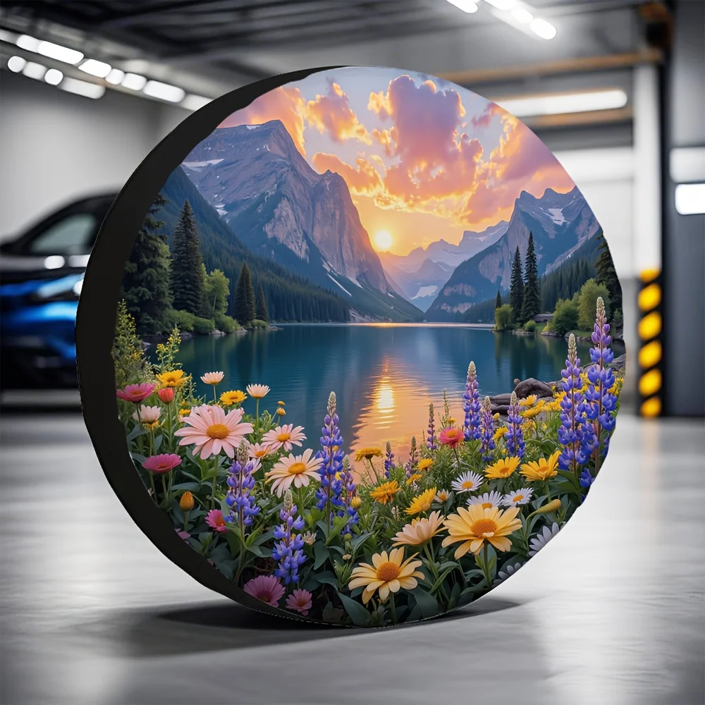 1pc 2D Flat Printing Car Tire Cover Lake Mountain Flower (4) Polyester Fabric Without Electricity Outdoor Parking Suitable For O
