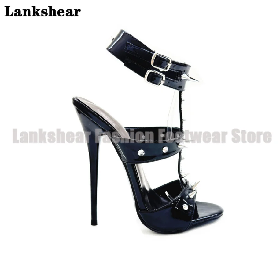 

16Cm Rivets Design Buckle Strap Sandals Peep Toe High Heels Women Shoe Round Toe Lacquered Heel Pumps Sandalias De Mujer Verano