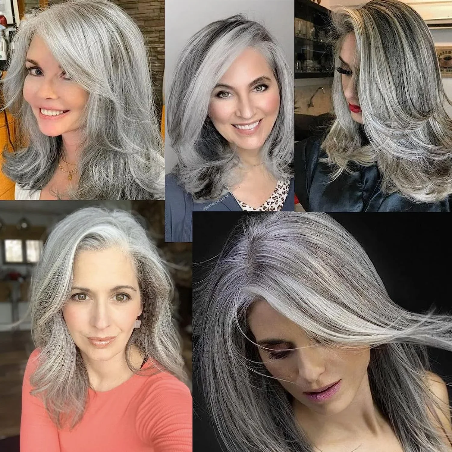 GNIMEGIL Synthetic Wig With Curtain Bangs Long Layered Wig Natural Silver Gray Wigs Women Salt and Pepper Hair Halloween Costume