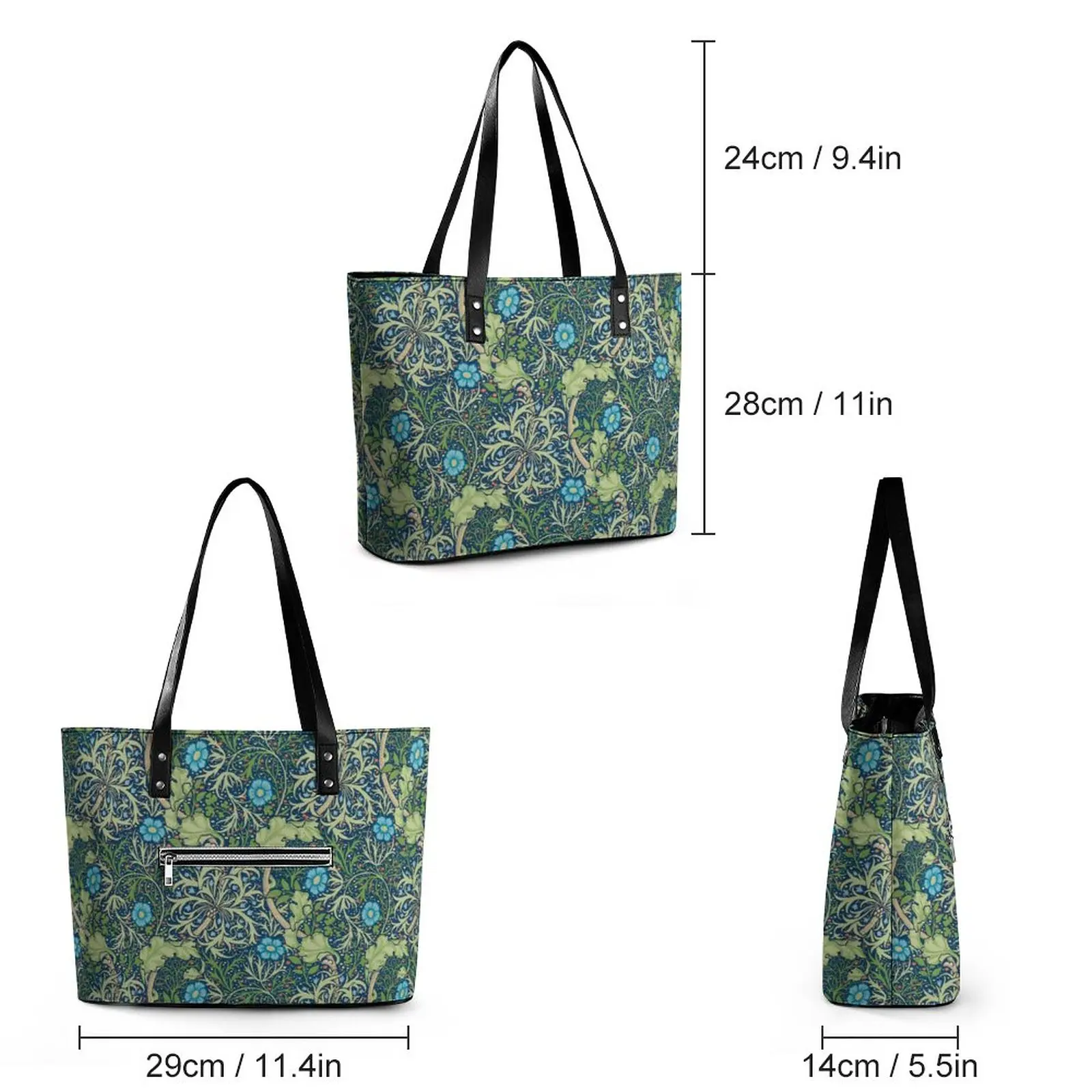 Blue Floral Print Handbags Green Leaves PU Leather Shoulder Bag Women Work Designer Tote Bag Top-Handle Cute Shopper Bags