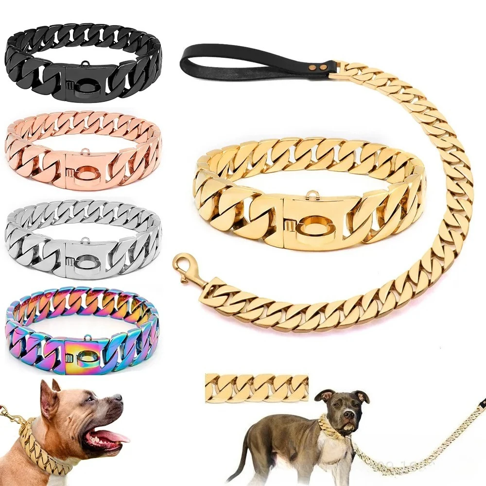 

32Mm cast gold large dog chain stainless steel collar necklace pet chain large dog titanium steel collar wholesale