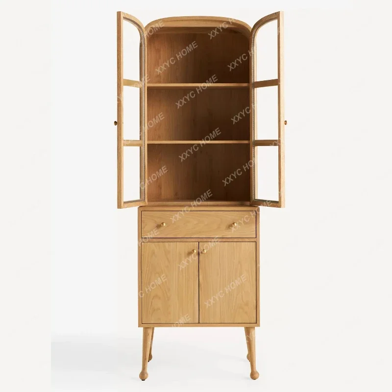 Vintage burgundy, glass display side cabinet, solid wood high foot with drawer storage locker