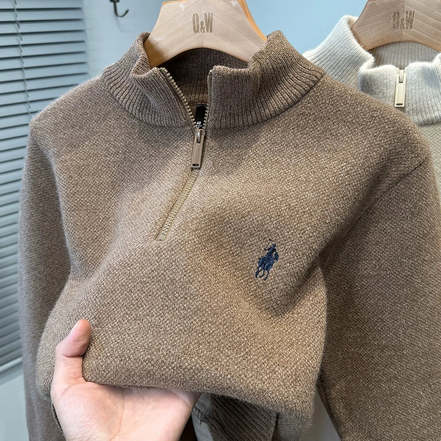 Luxury Brand Men's Sweater Winter New Thickened Warm Mock Neck Top Fashion Classic Paul Pony Embroidered Velvet Knitted Pullover