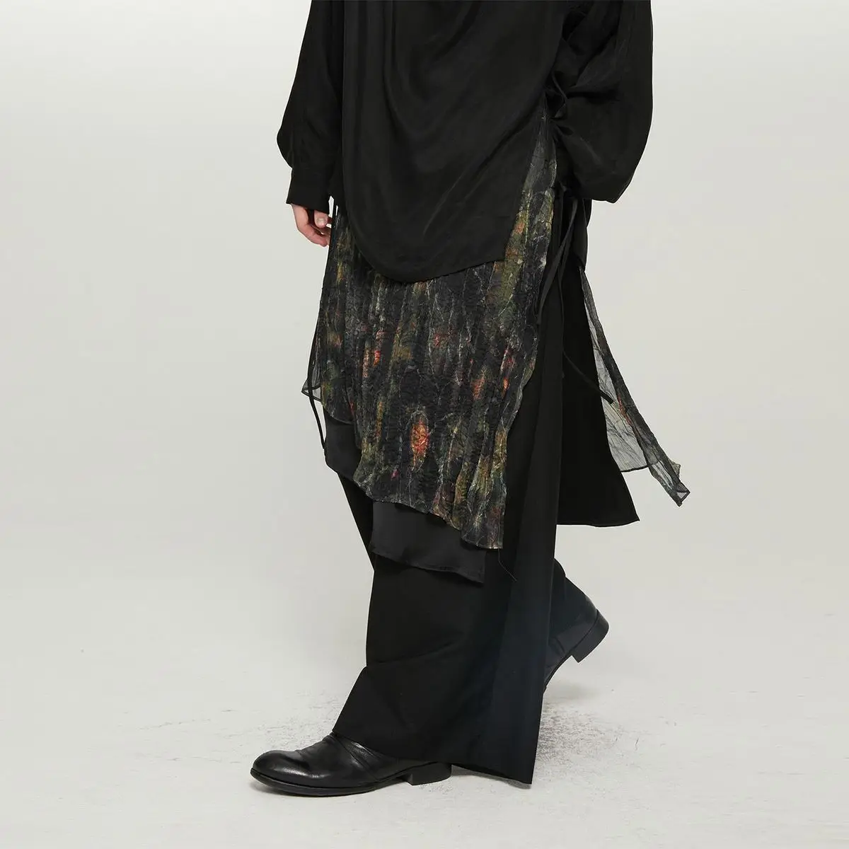 Women Dark Deconstructed Midi Skirt Abstract Oil Painting Print Crinkled Chiffon Asymmetric Layered Avant Garde Skirt