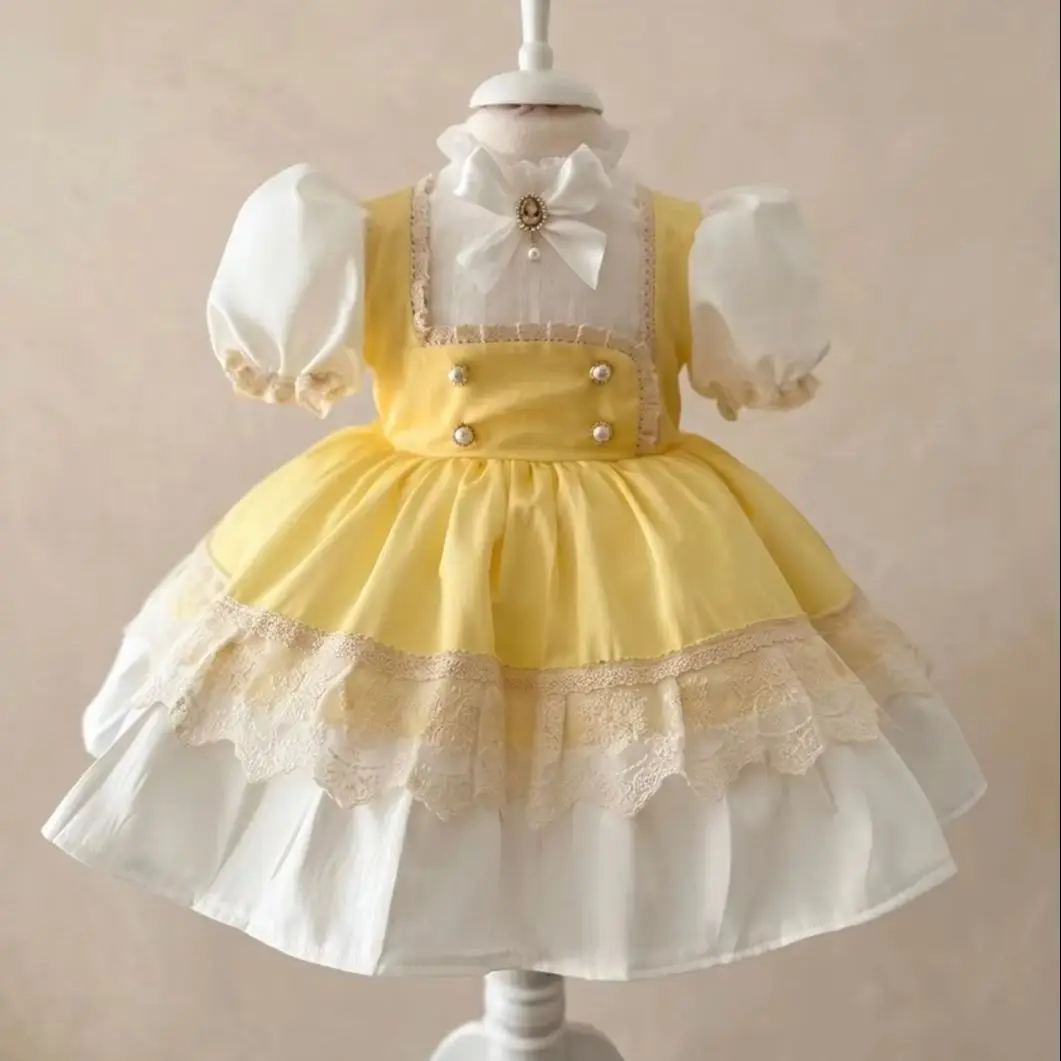 Summer Baby Girl Yellow Contrast White Vintage Lolita Princess Dress for Birthday Wedding Party Holiday Photo Shoot B626