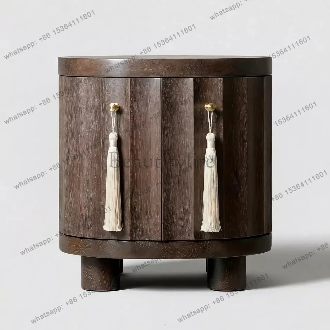 Nordic Italian wabi style solid wood round bedside table fringed decorative locker simple and modern