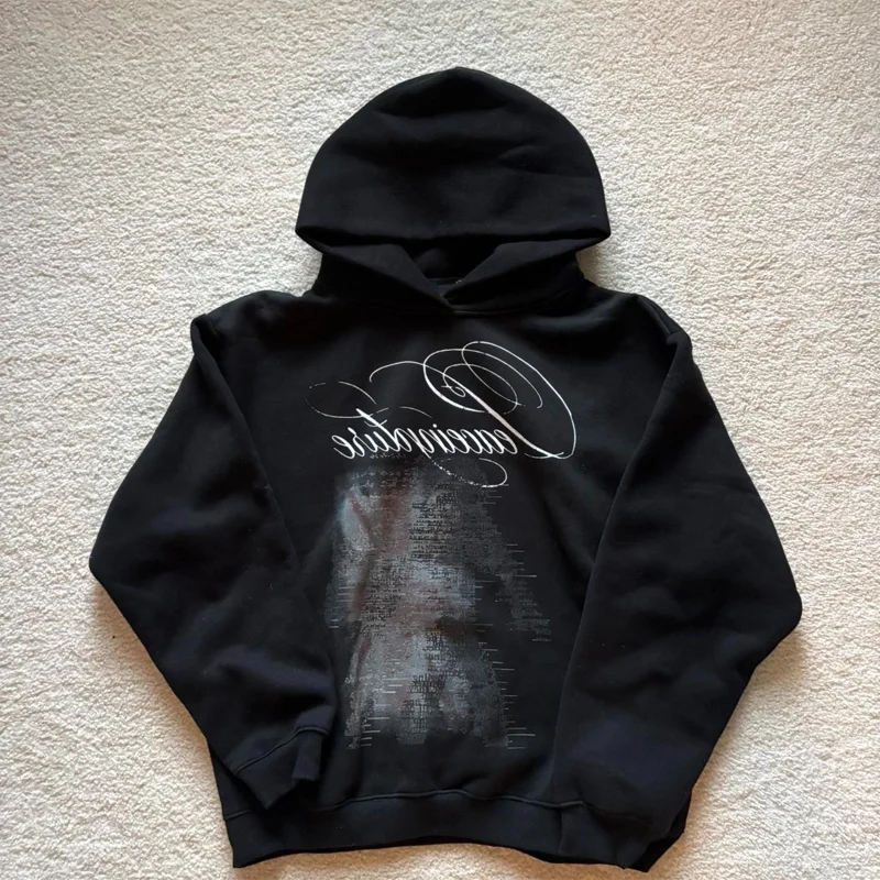 Women's Hoodie Black Oversized Script Letter Abstract Print Long Sleeve Pullover Casual Daily Y2K Grunge Streetwear Sweatshirt