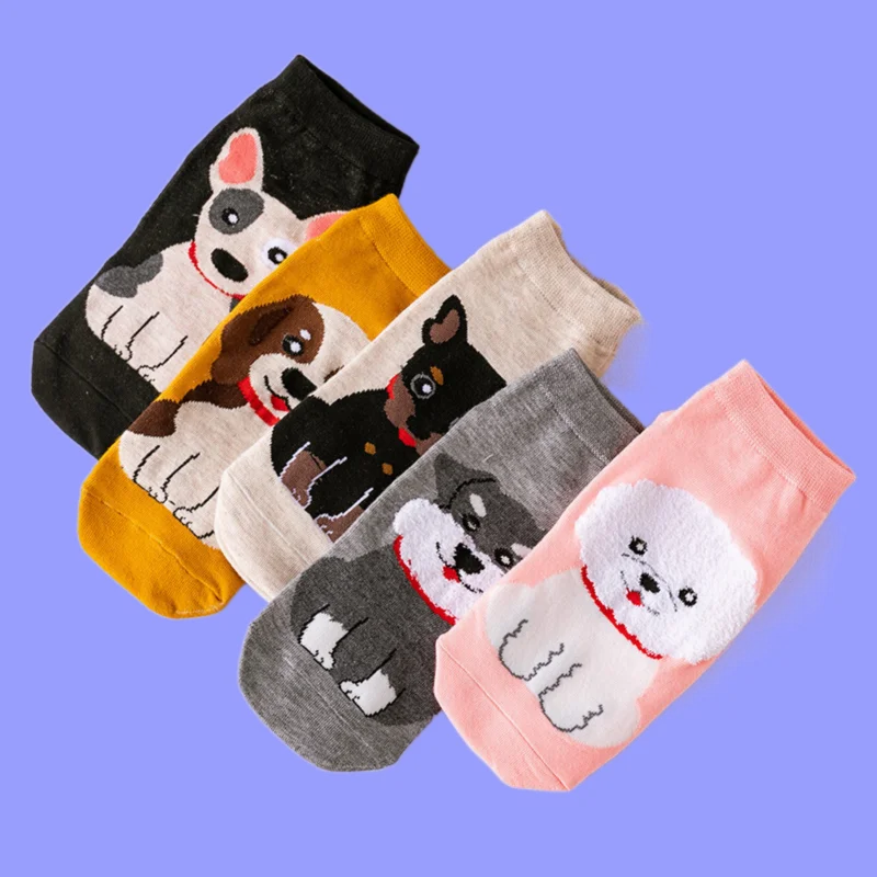 Chaussettes courtes en coton Kawaii pour femmes, dessin animé chien et chat, coupe basse mignonne, rinçage, mode, haute qualité, nouveau, 2024, 5/10 paires